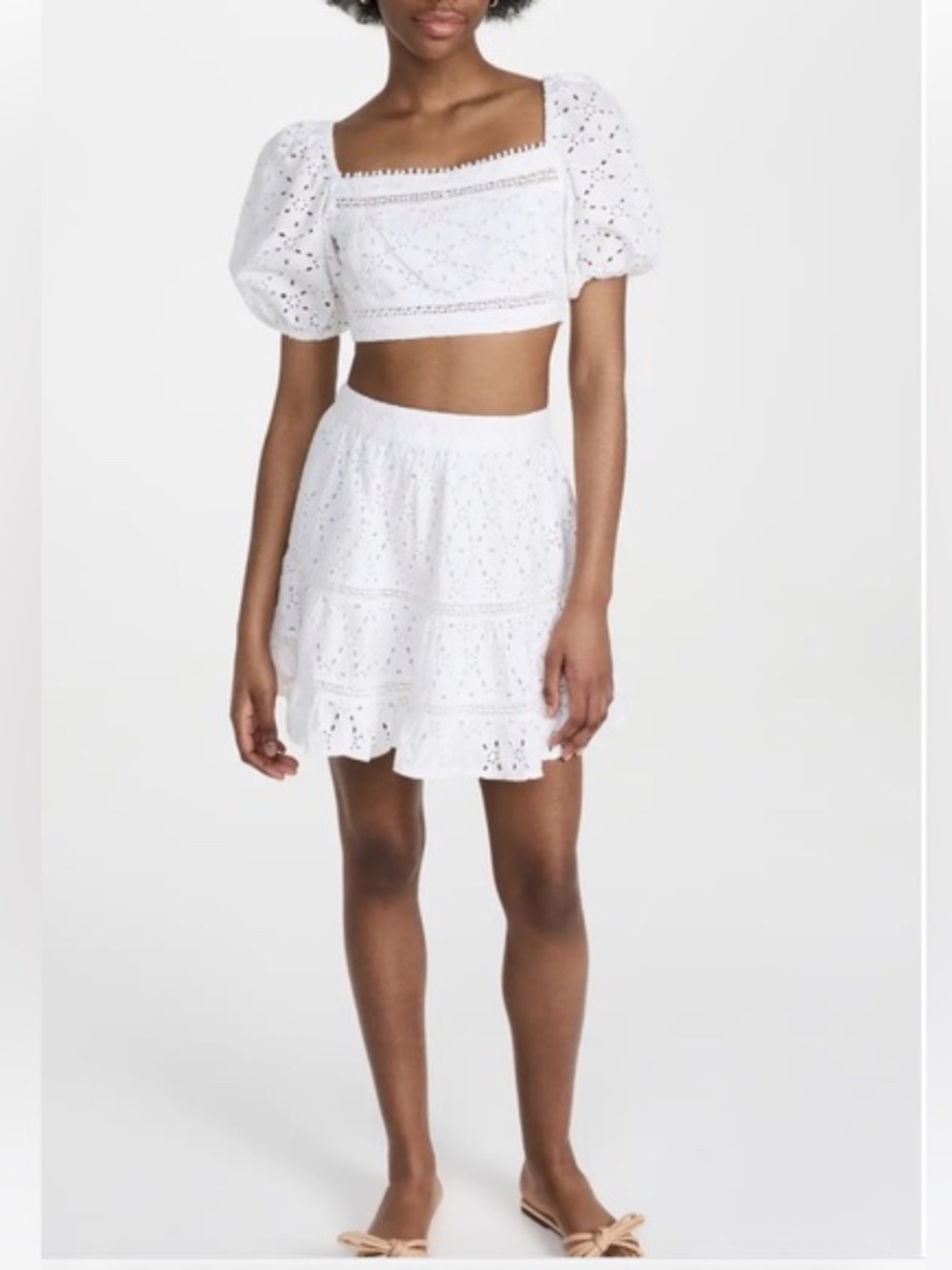 Rahi Miranti White Eyelet Puff-Sleeve Crop Top and Skirt Set Small, Bachelorette